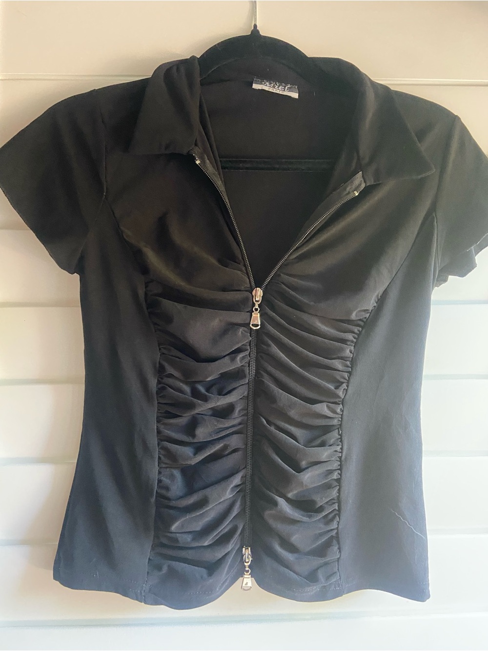 Ruched Zip-Front Black Short-Sleeve Top